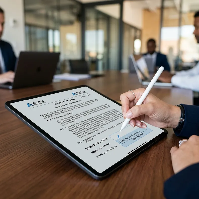 Signing legal document on tablet screen